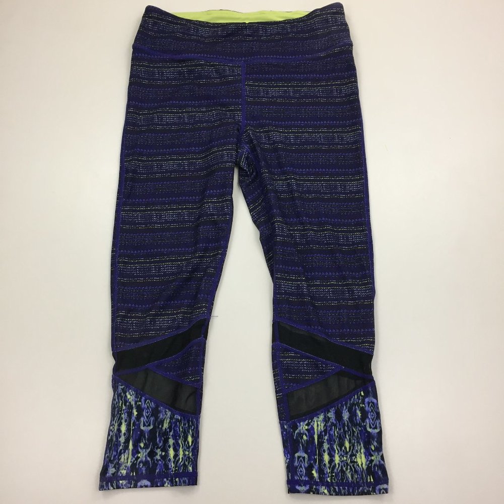 GAIAM Purple Blue Yellow Black Sheer Mesh Insert Cropped Leggings